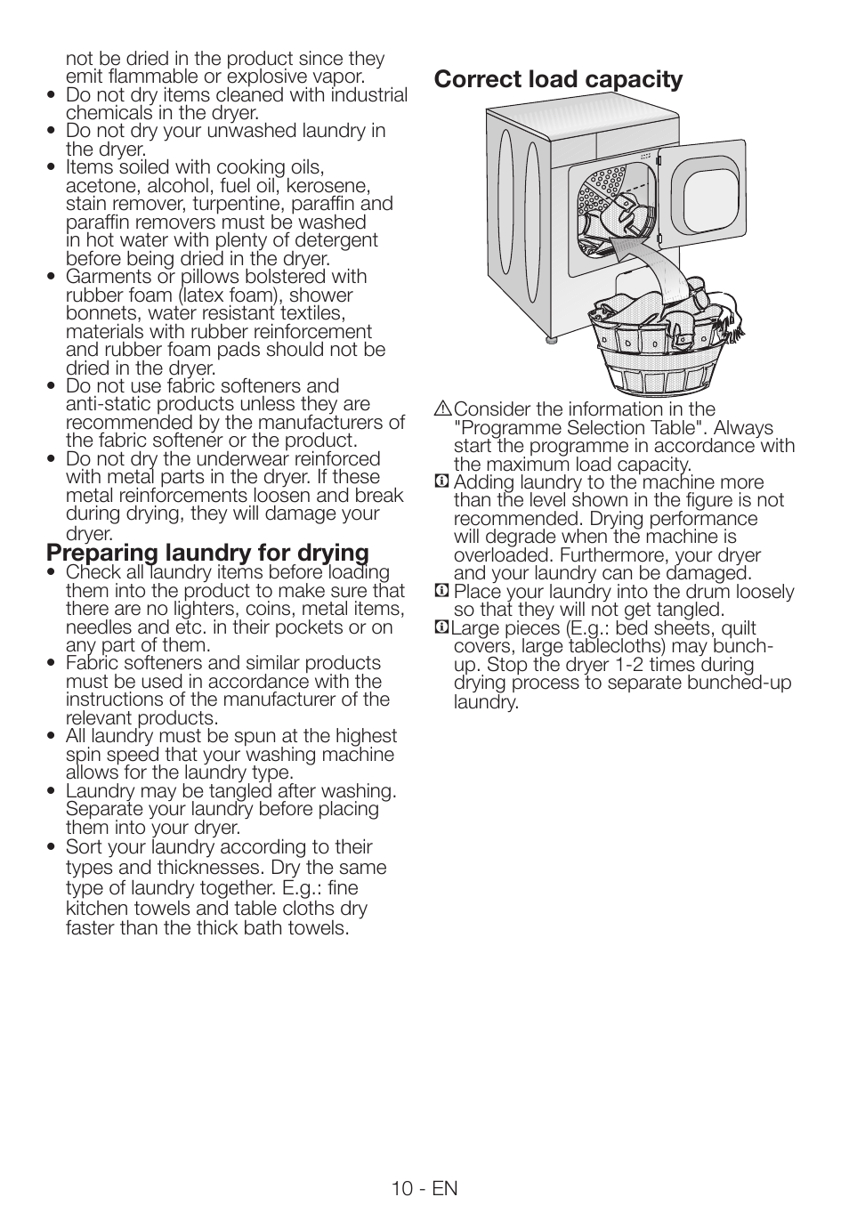 Preparing laundry for drying, Correct load capacity | Smeg AS 73 CS User Manual | Page 10 / 20