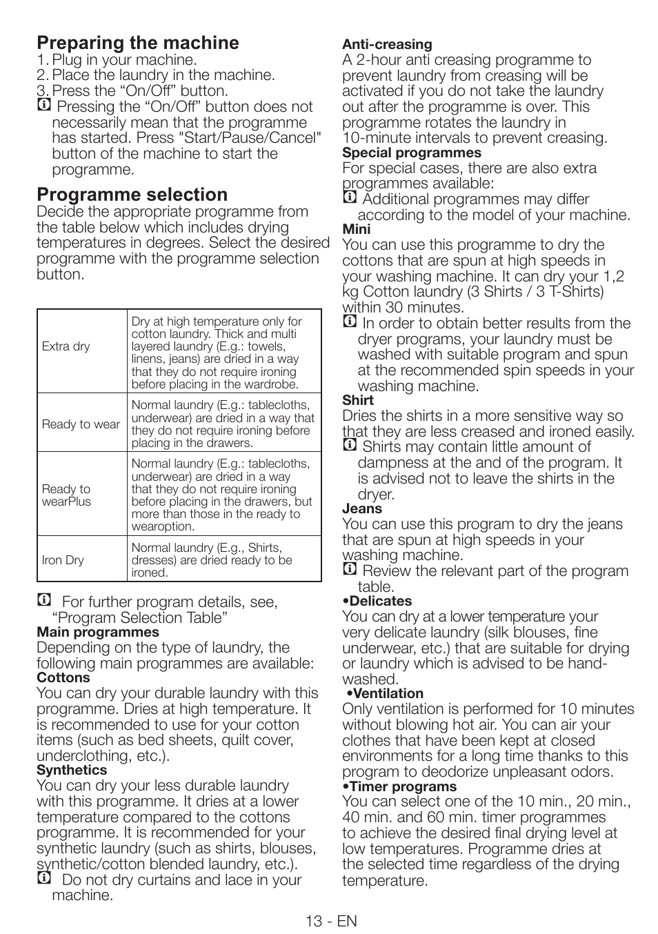 Preparing the machine, Programme selection | Smeg AS 73 CS User Manual | Page 13 / 20