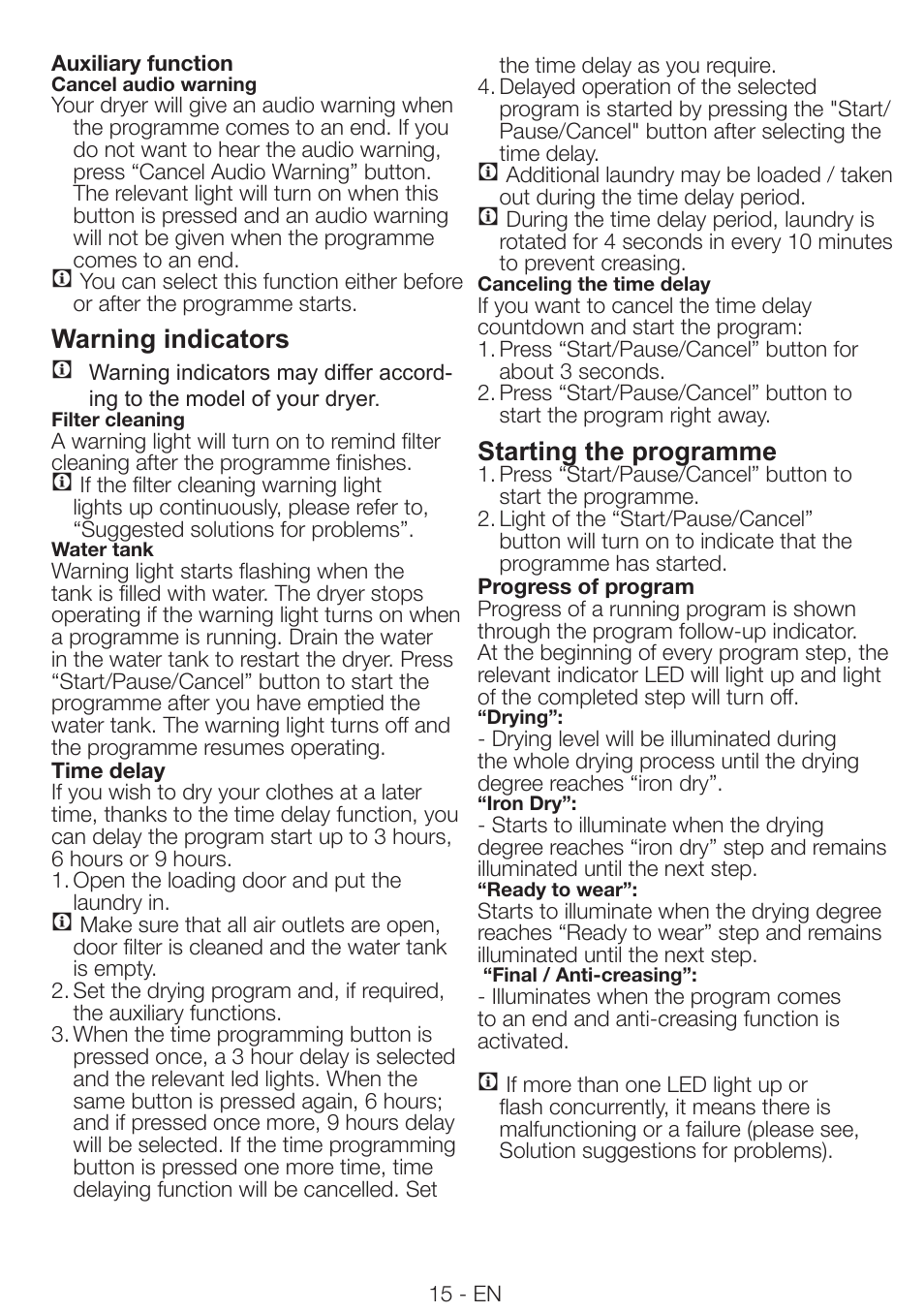 Warning indicators c, Starting the programme | Smeg AS 73 CS User Manual | Page 15 / 20