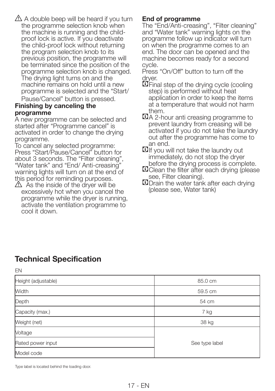 Technical specification a | Smeg AS 73 CS User Manual | Page 17 / 20