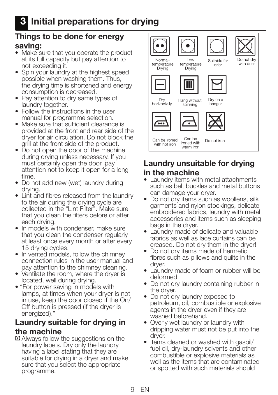 Initial preparations for drying | Smeg AS 73 CS User Manual | Page 9 / 20