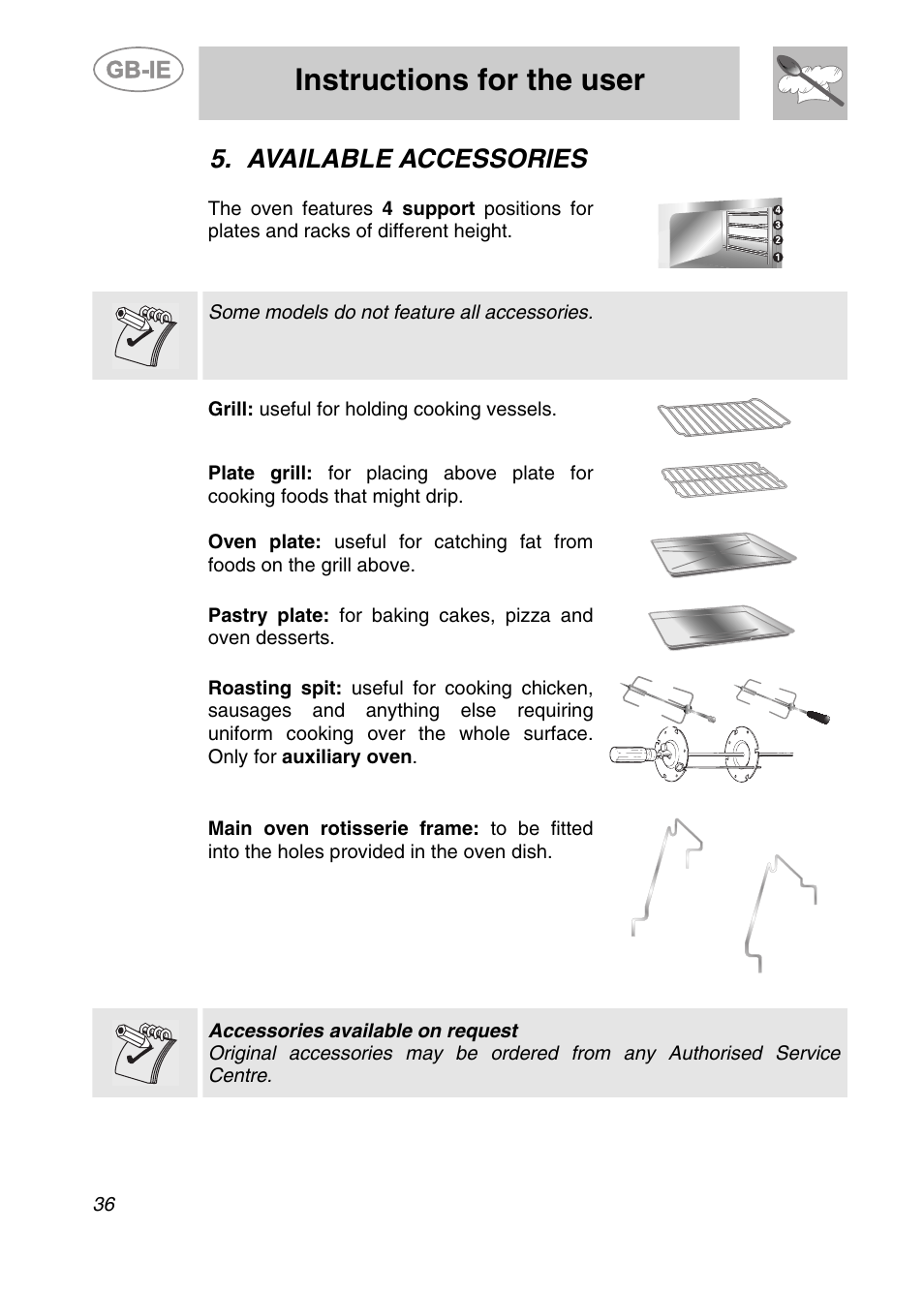 Available accessories, Instructions for the user | Smeg S20XMFR User Manual | Page 12 / 22