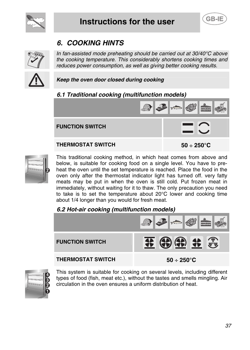 Cooking hints, 1 traditional cooking (multifunction models), 2 hot-air cooking (multifunction models) | Instructions for the user, Keep the oven door closed during cooking, Function switch, Thermostat switch | Smeg S20XMFR User Manual | Page 13 / 22
