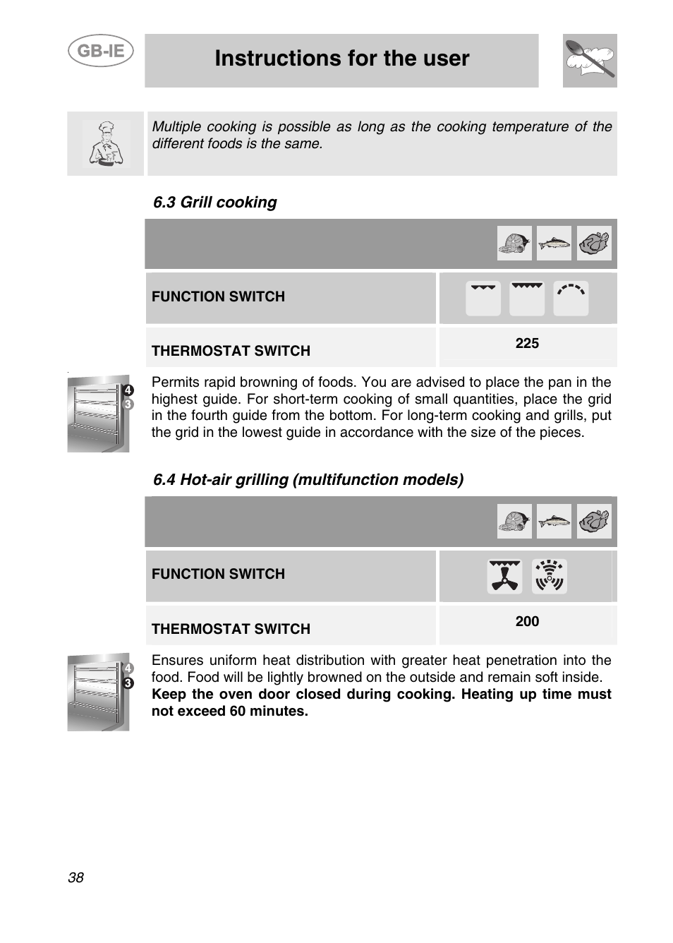 3 grill cooking, 4 hot-air grilling (multifunction models), Instructions for the user | Function switch, 225 thermostat switch, 200 thermostat switch | Smeg S20XMFR User Manual | Page 14 / 22