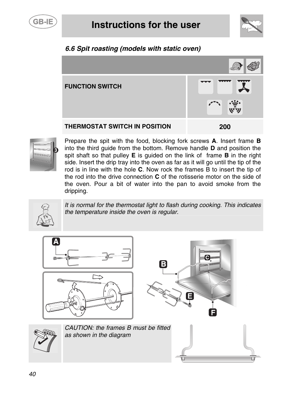 6 spit roasting (models with static oven), Instructions for the user, Function switch | Thermostat switch in position | Smeg S20XMFR User Manual | Page 16 / 22