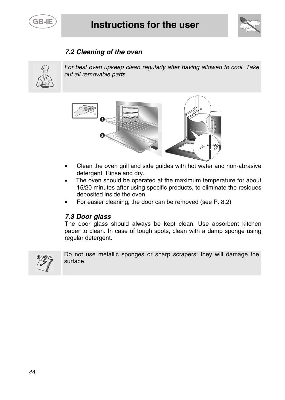 2 cleaning of the oven, 3 door glass, Instructions for the user | Smeg S20XMFR User Manual | Page 20 / 22