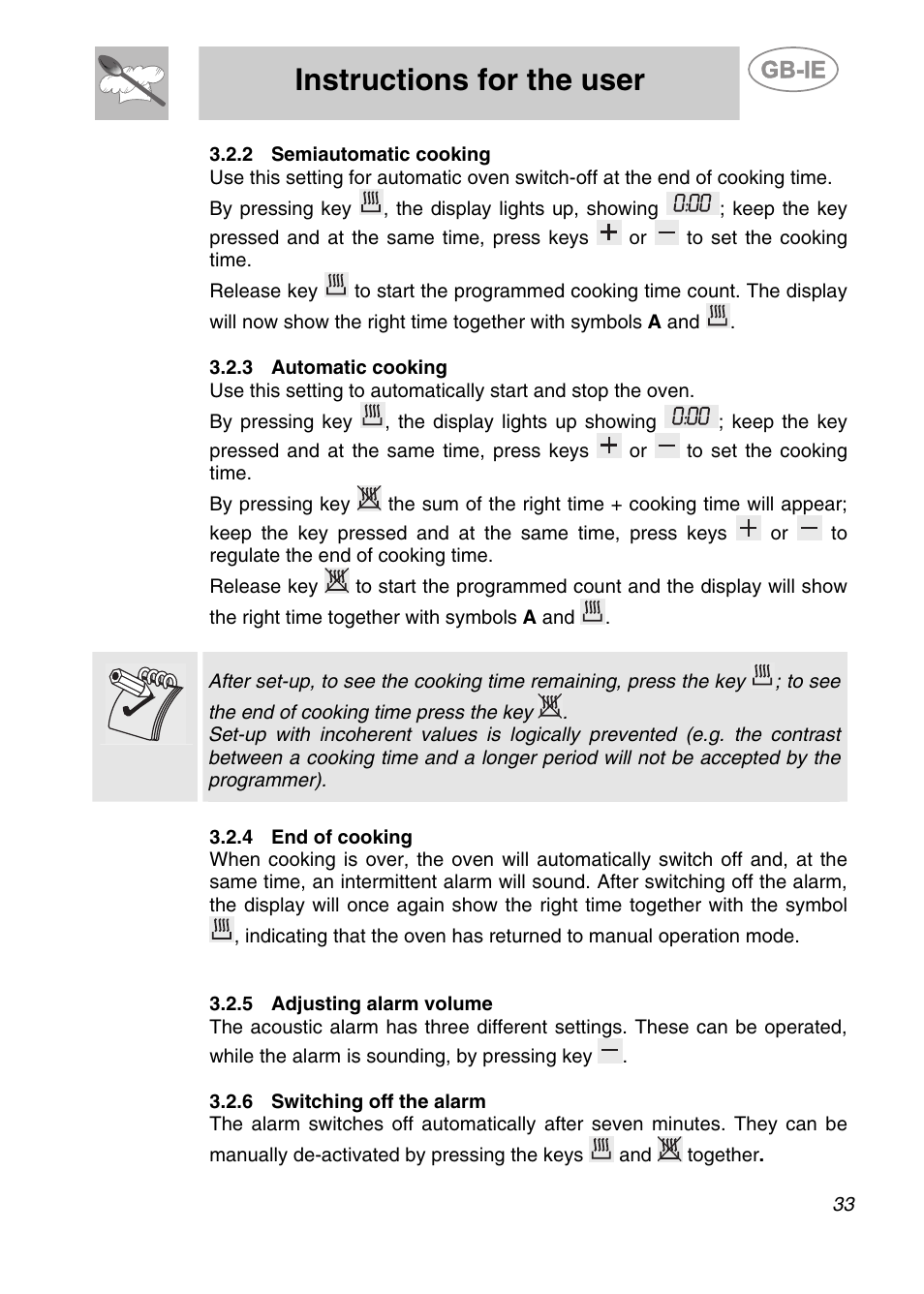 2 semiautomatic cooking, 3 automatic cooking, 4 end of cooking | 5 adjusting alarm volume, 6 switching off the alarm, Instructions for the user | Smeg S20XMFR User Manual | Page 9 / 22