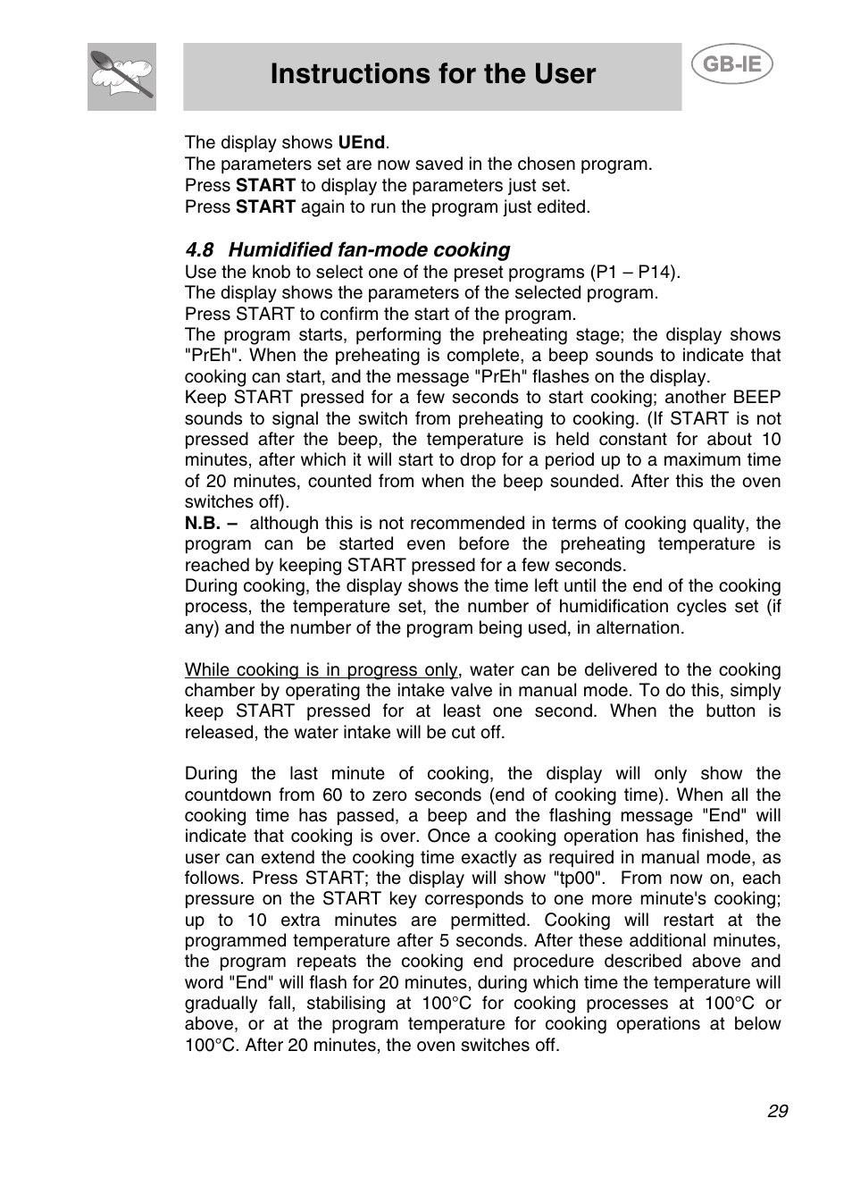 8 humidified fan-mode cooking, Instructions for the user | Smeg ALFA201XE User Manual | Page 10 / 17