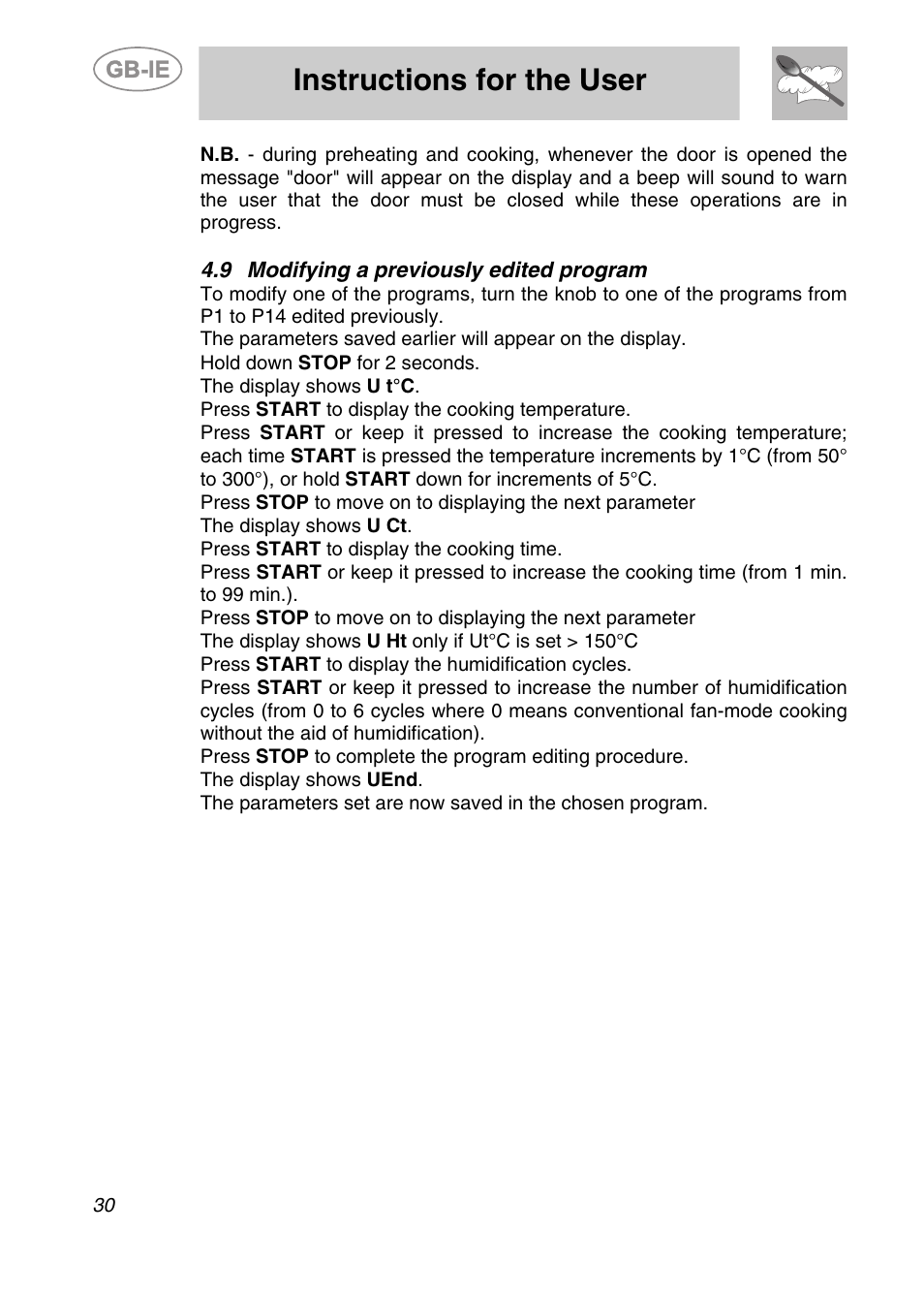 9 modifying a previously edited program, Instructions for the user | Smeg ALFA201XE User Manual | Page 11 / 17