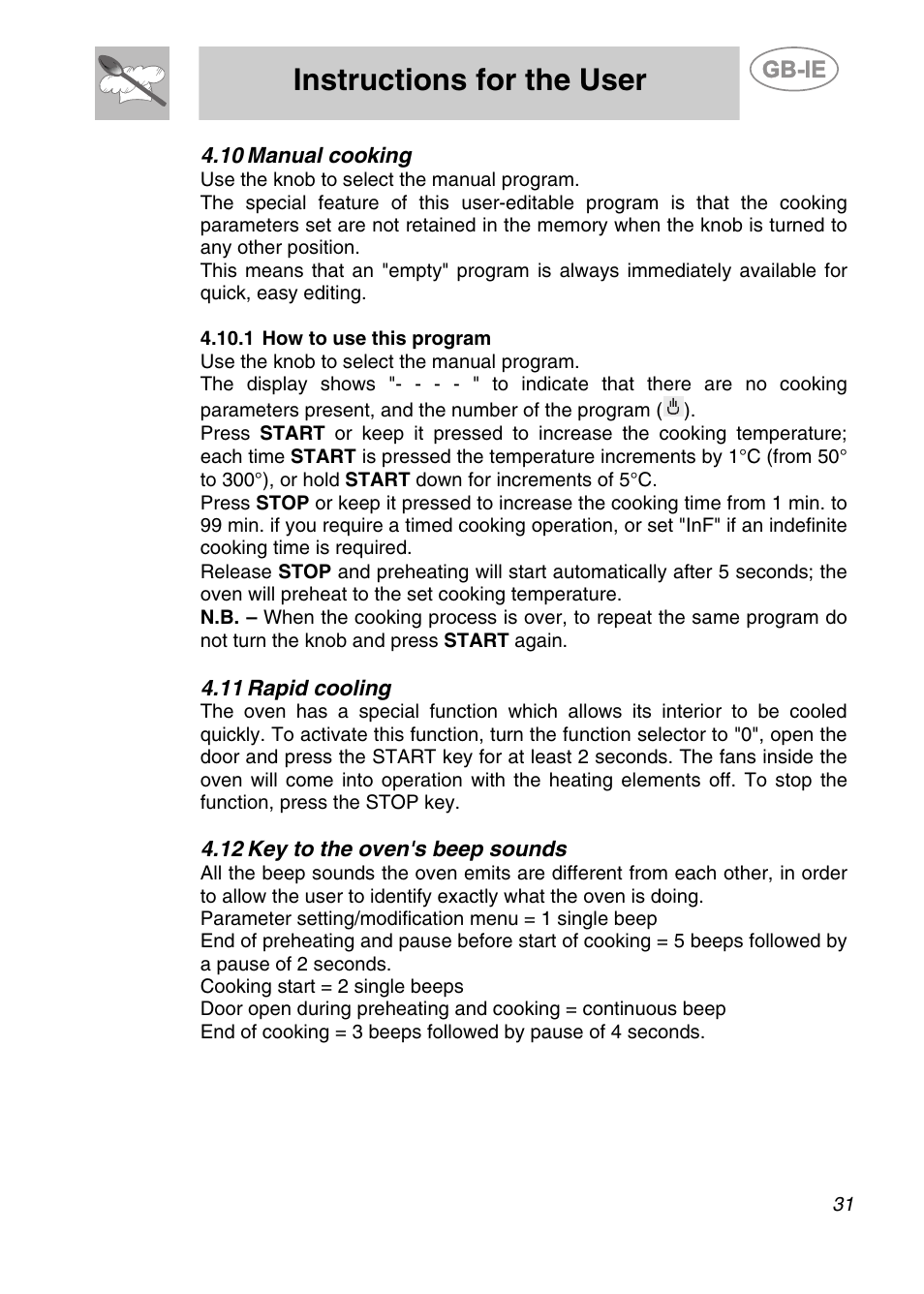 Manual cooking, 1 how to use this program, 11 rapid cooling | 12 key to the oven's beep sounds, Instructions for the user | Smeg ALFA201XE User Manual | Page 12 / 17