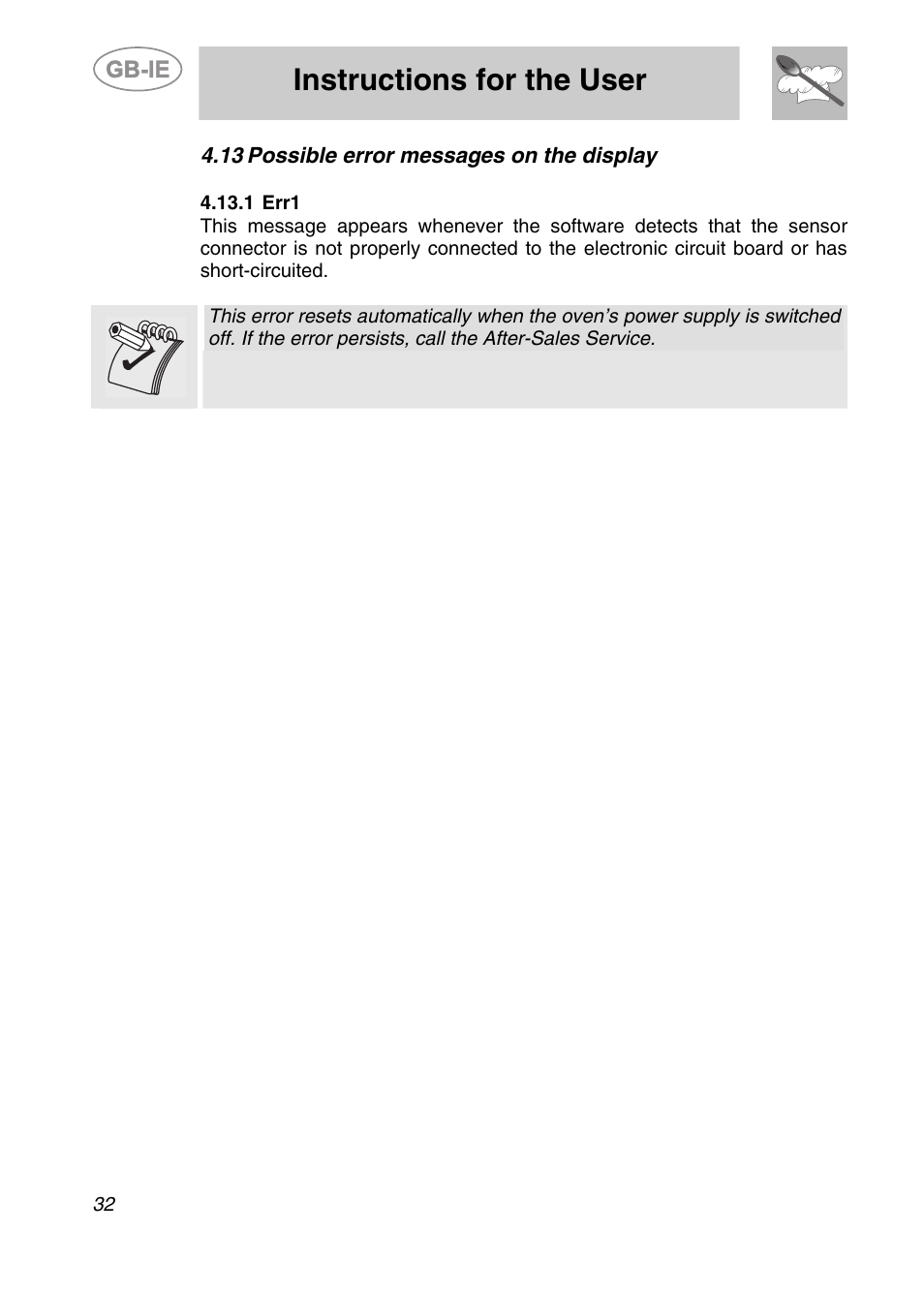 Possible error messages on the display, 1 err1, Instructions for the user | 13 possible error messages on the display | Smeg ALFA201XE User Manual | Page 13 / 17