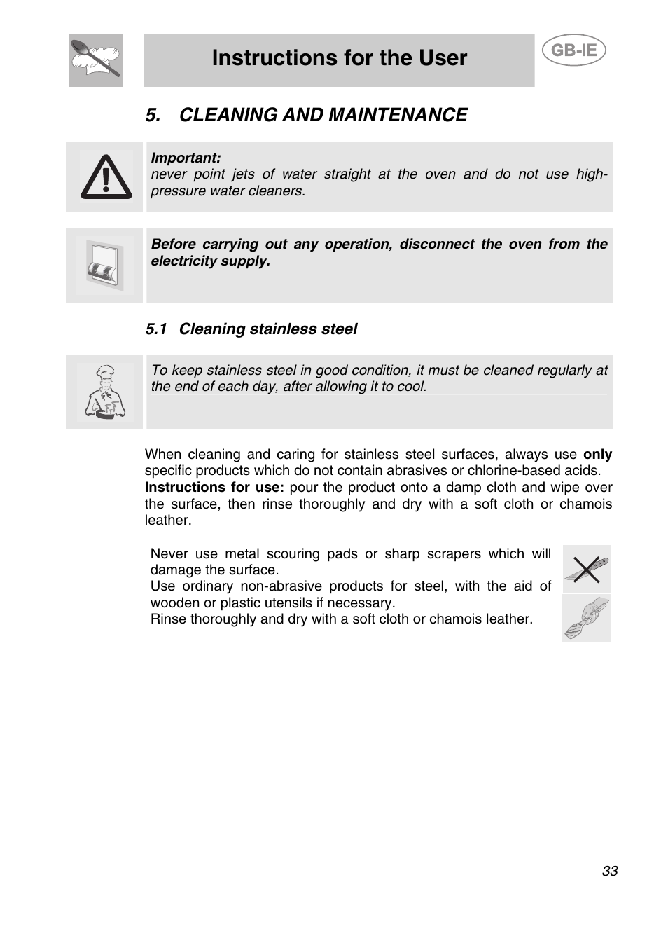 Cleaning and maintenance, 1 cleaning stainless steel, Instructions for the user | Smeg ALFA201XE User Manual | Page 14 / 17