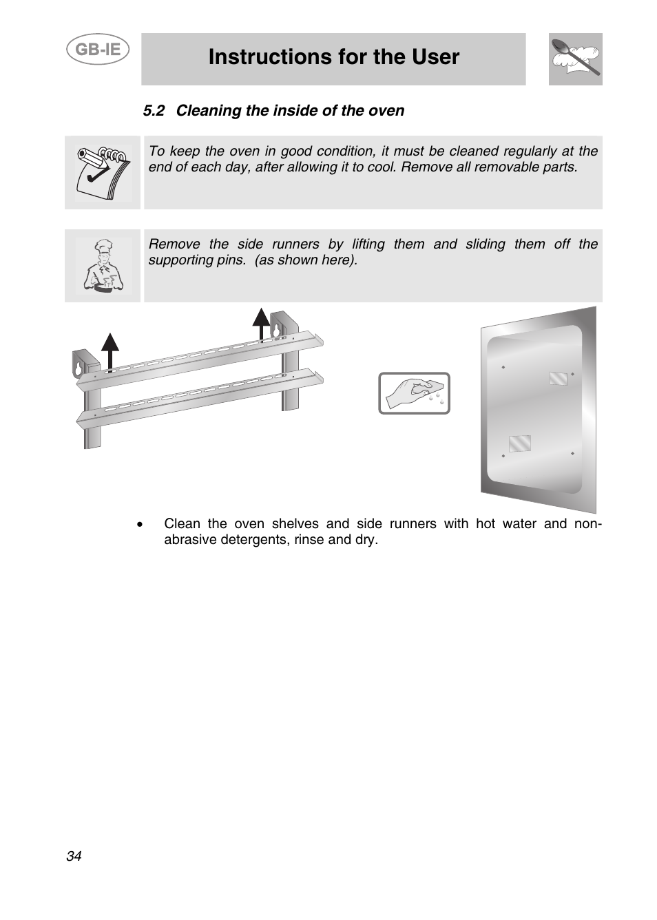 Cleaning the inside of the oven, Instructions for the user, 2 cleaning the inside of the oven | Smeg ALFA201XE User Manual | Page 15 / 17