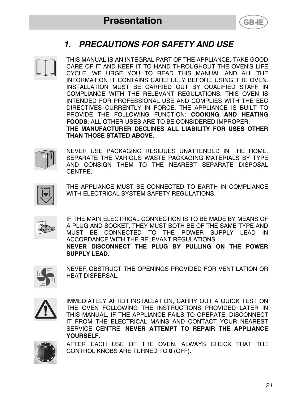 Precautions for safety and use, Presentation | Smeg ALFA201XE User Manual | Page 2 / 17