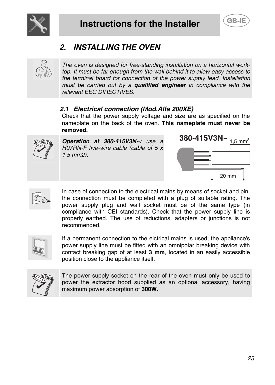 Installing the oven, 1 electrical connection (mod.alfa 200xe), Instructions for the installer | Smeg ALFA201XE User Manual | Page 4 / 17
