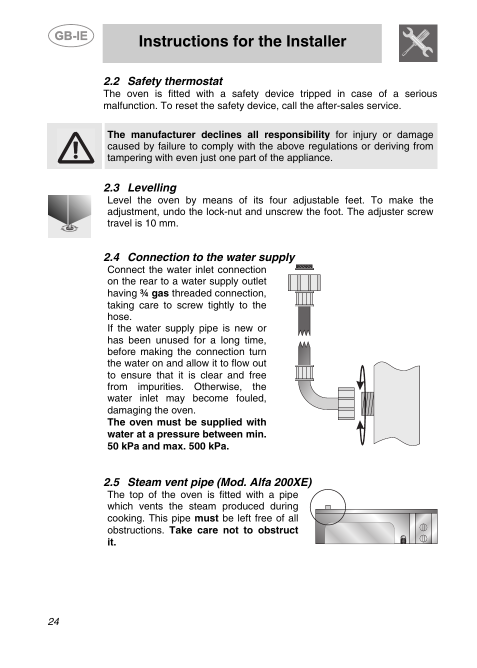 Safety thermostat, 3 levelling, 4 connection to the water supply | 5 steam vent pipe (mod. alfa 200xe), Instructions for the installer, 2 safety thermostat | Smeg ALFA201XE User Manual | Page 5 / 17