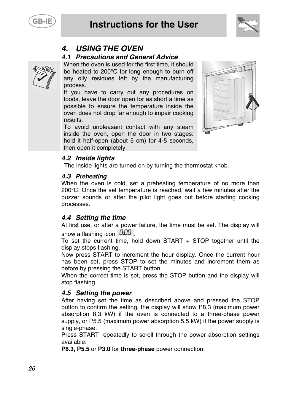 Using the oven, 1 precautions and general advice, 2 inside lights | 3 preheating, 4 setting the time, 5 setting the power, Instructions for the user | Smeg ALFA201XE User Manual | Page 7 / 17