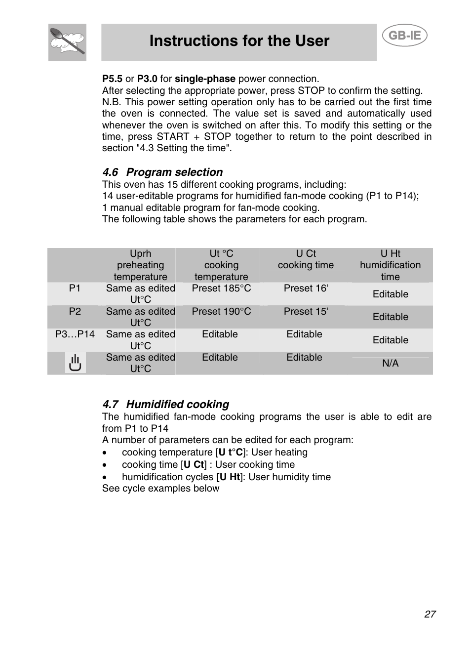 Program selection, Humidified cooking, Instructions for the user | Smeg ALFA201XE User Manual | Page 8 / 17