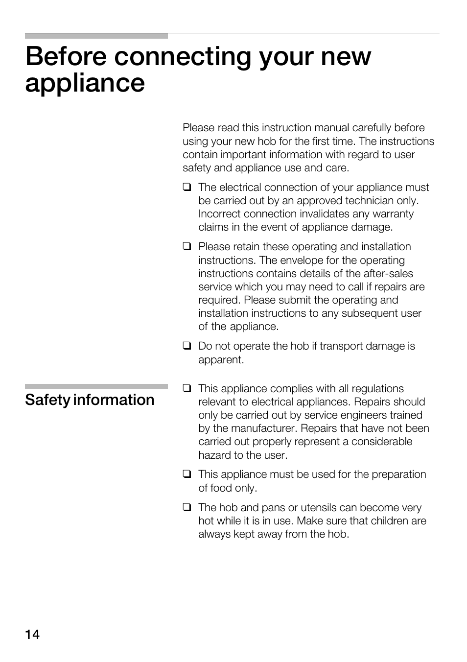 Before connecting your new appliance, Safety information | Smeg NCT 335 E User Manual | Page 5 / 11