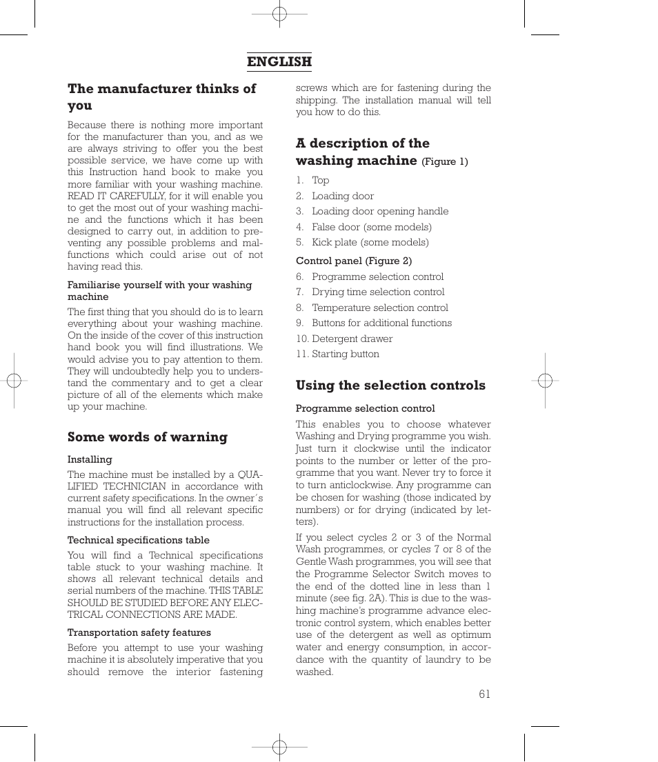 The manufacturer thinks of you, Some words of warning, A description of the washing machine | Using the selection controls, English | Smeg 43CT User Manual | Page 3 / 14