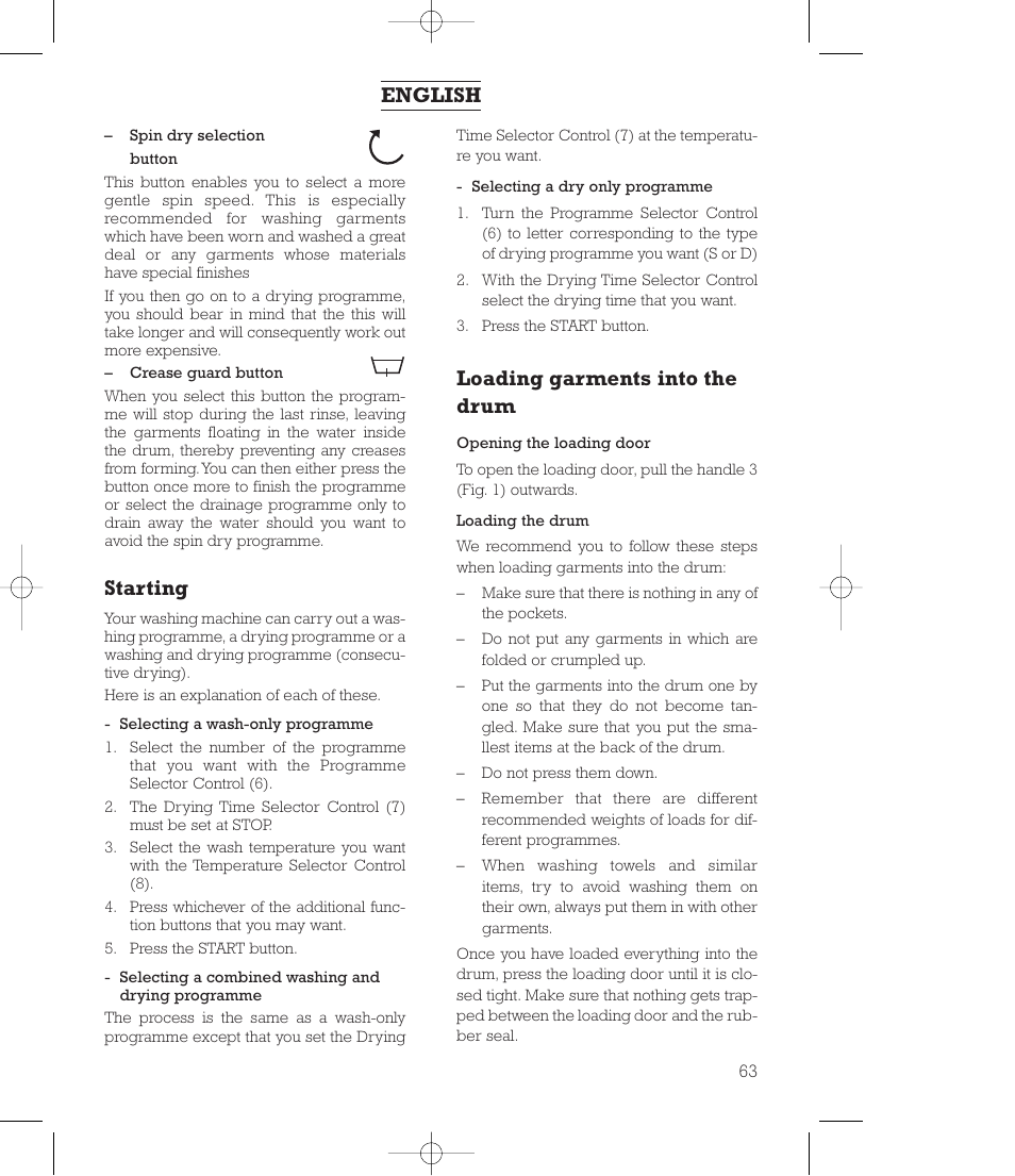 Starting, Loading garments into the drum, English | Smeg 43CT User Manual | Page 5 / 14