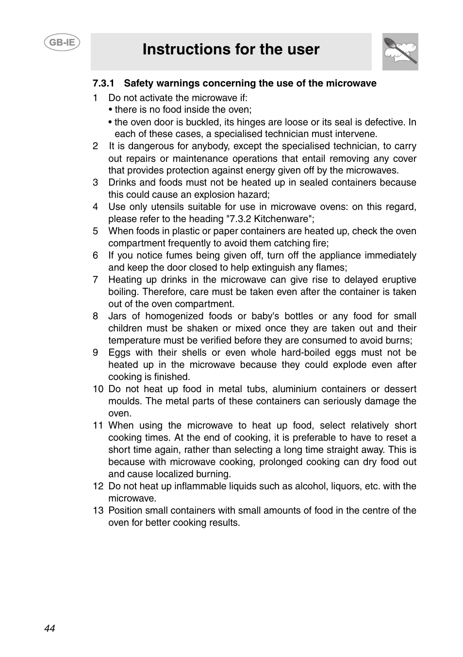 1 do not activate the microwave if, Instructions for the user | Smeg S200EB/1 User Manual | Page 11 / 31
