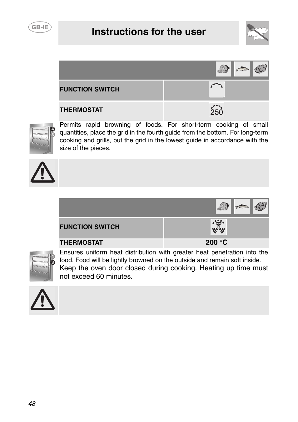 3 grill cooking, 4 hot-air grilling, Instructions for the user | Smeg S200EB/1 User Manual | Page 15 / 31
