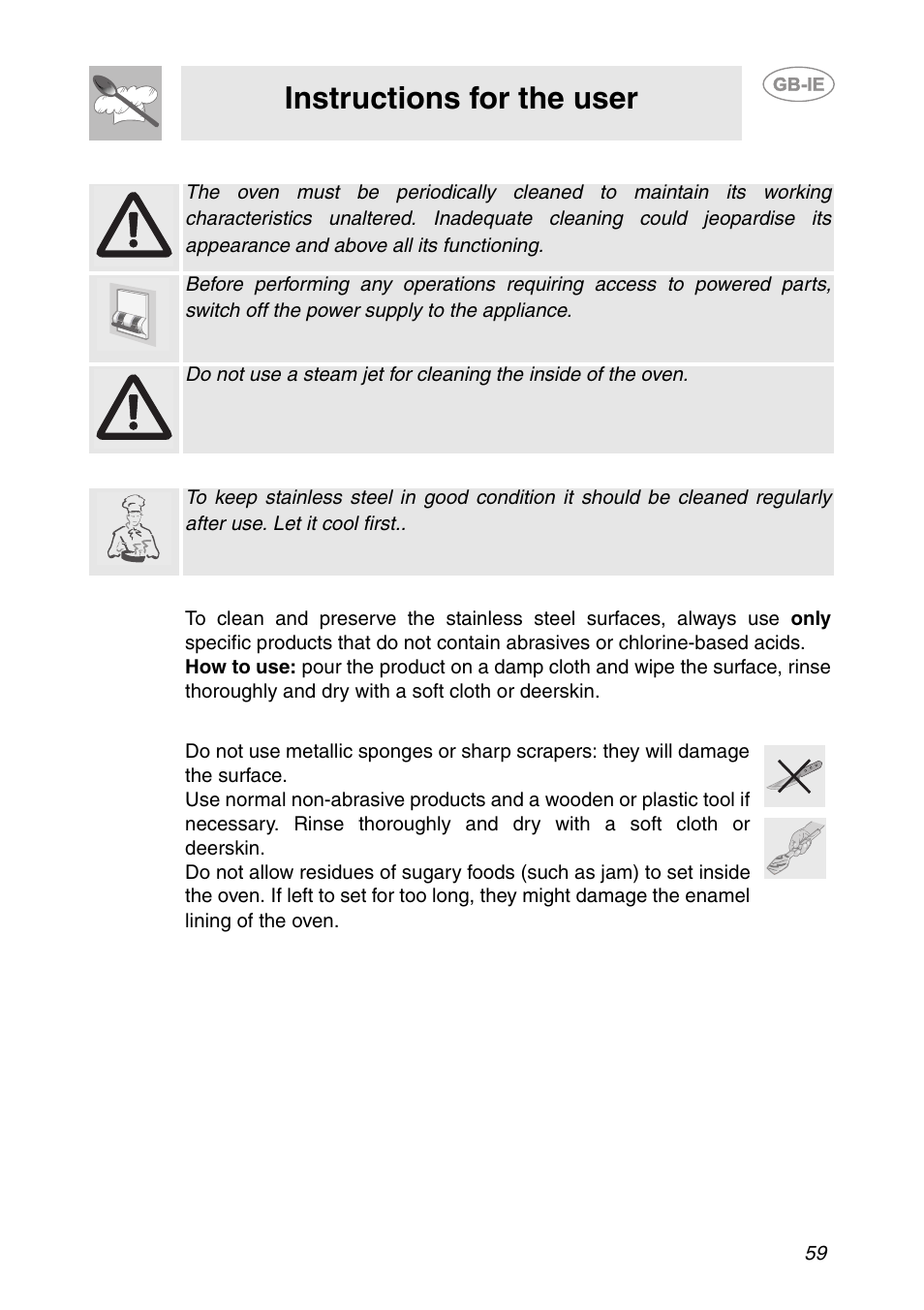Cleaning and maintenance, 1 cleaning stainless steel, 2 ordinary daily cleaning | 3 food stains or residues, Instructions for the user | Smeg S200EB/1 User Manual | Page 26 / 31