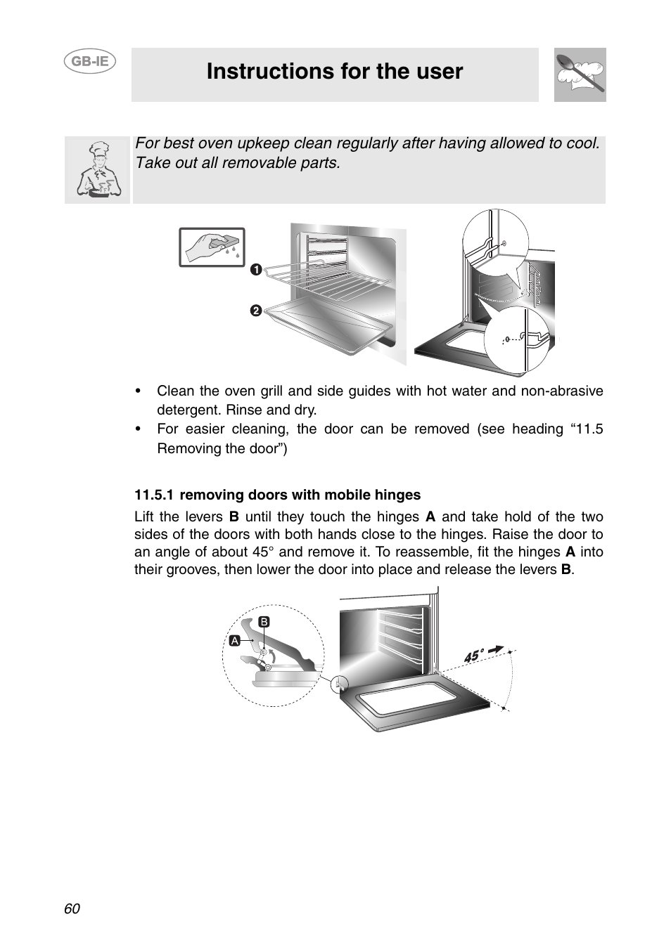 4 cleaning the oven, 5 removing the door, 1 removing doors with mobile hinges | Instructions for the user | Smeg S200EB/1 User Manual | Page 27 / 31