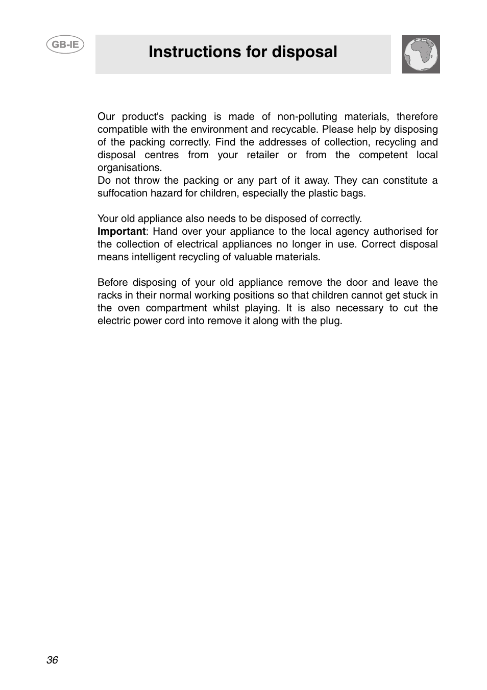 Instructions for disposal - our environmental care, Instructions for disposal | Smeg S200EB/1 User Manual | Page 3 / 31