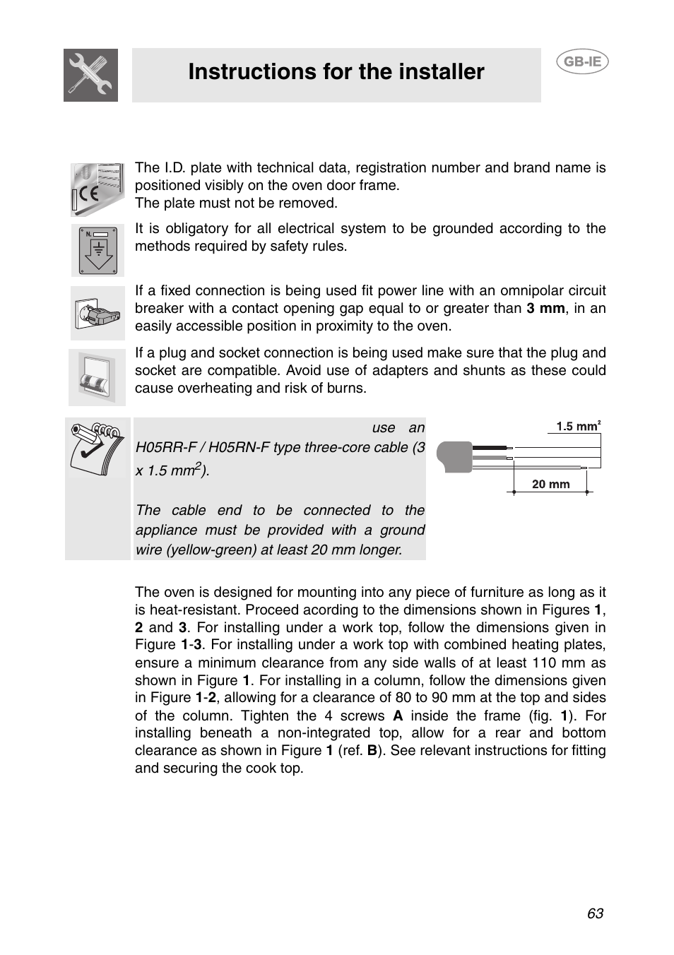 Installing the appliance, 1 electrical connection, 2 positioning the oven | Instructions for the installer | Smeg S200EB/1 User Manual | Page 30 / 31