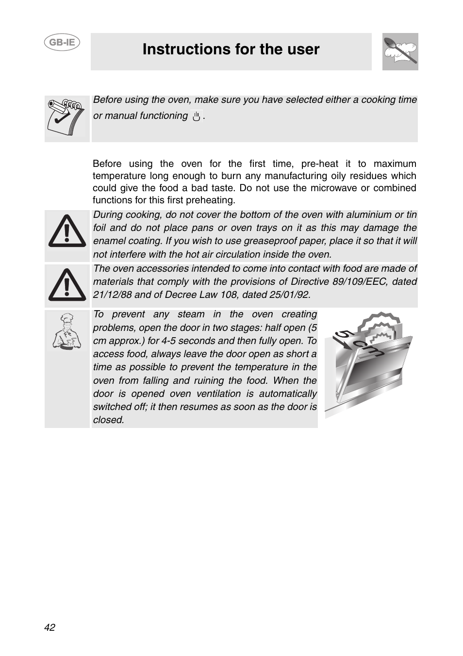 Use of the oven, 1 warnings and general advice, Instructions for the user | Smeg S200EB/1 User Manual | Page 9 / 31