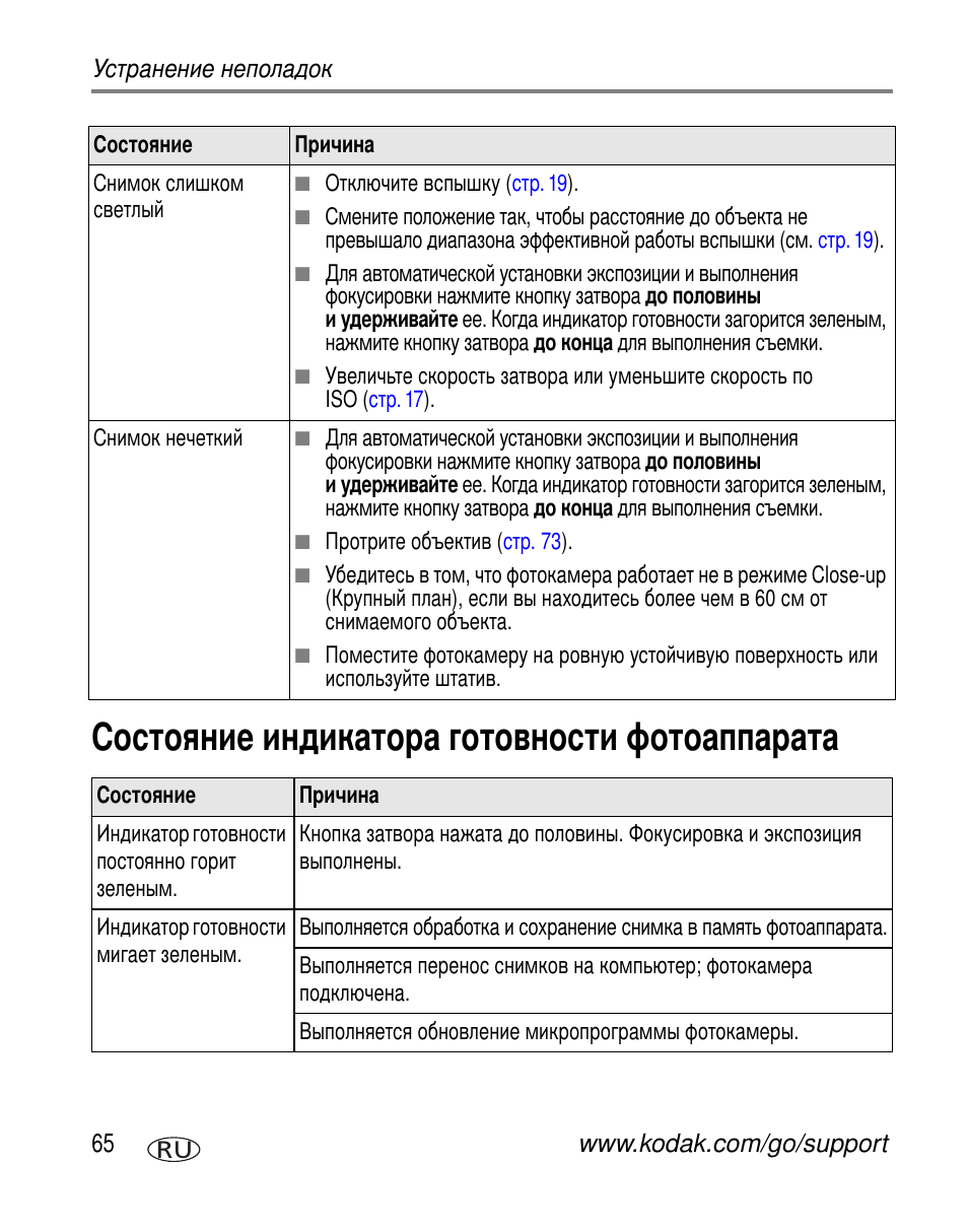 Состояние индикатора готовности фотоаппарата | Kodak Z730 User Manual | Page 72 / 97