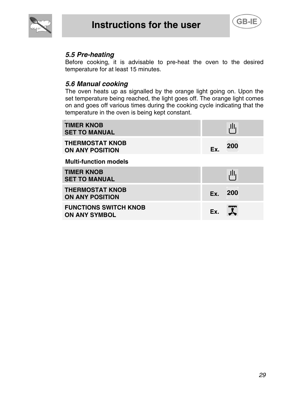 5 pre-heating, 6 manual cooking, Instructions for the user | Timer knob set to manual, Thermostat knob on any position, Multi-function models, Thermostat knob, On any position ex, Functions switch knob, On any symbol | Smeg ALFA41AM User Manual | Page 10 / 19