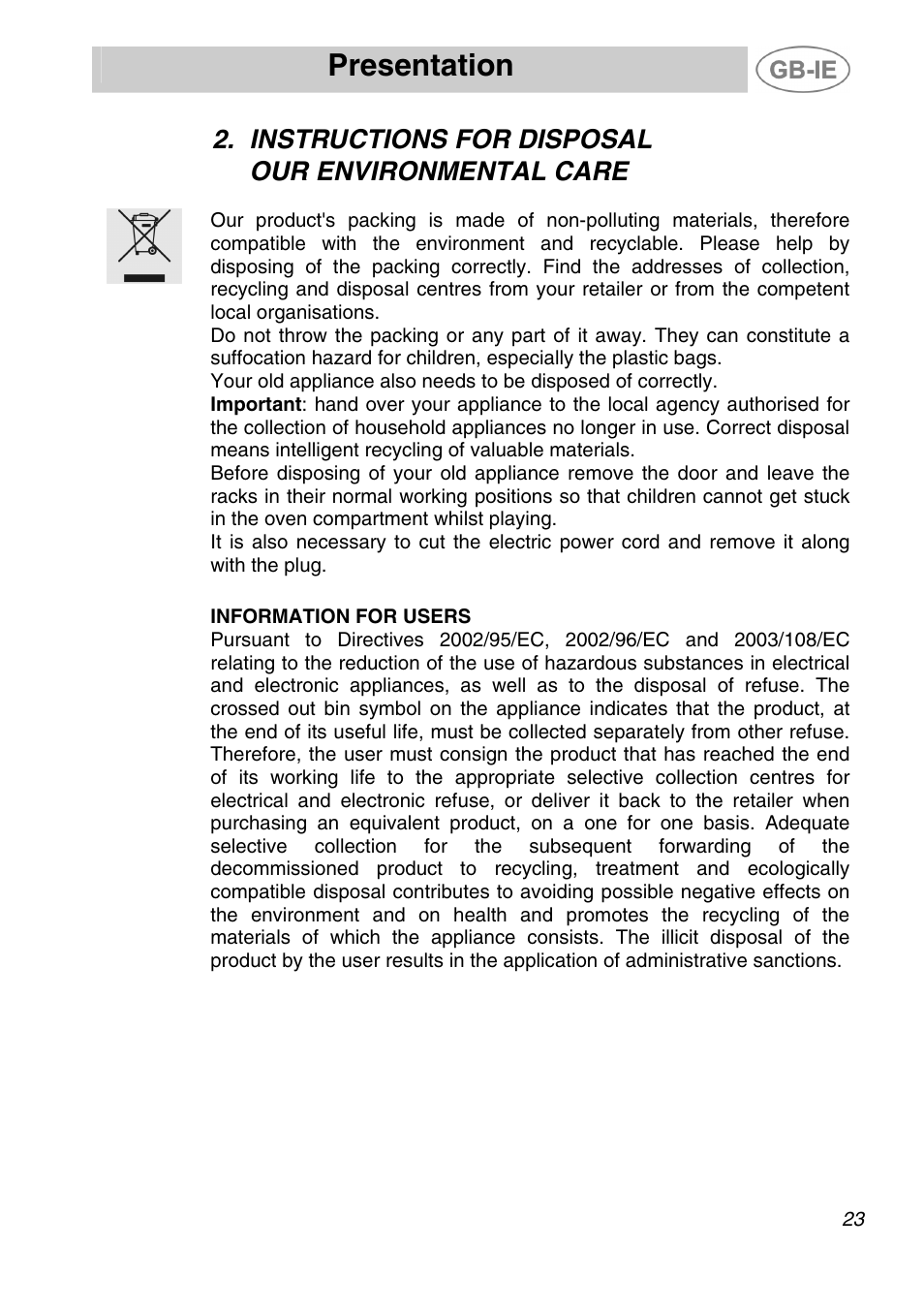 Instructions for disposal, Presentation, Instructions for disposal our environmental care | Smeg ALFA41AM User Manual | Page 4 / 19