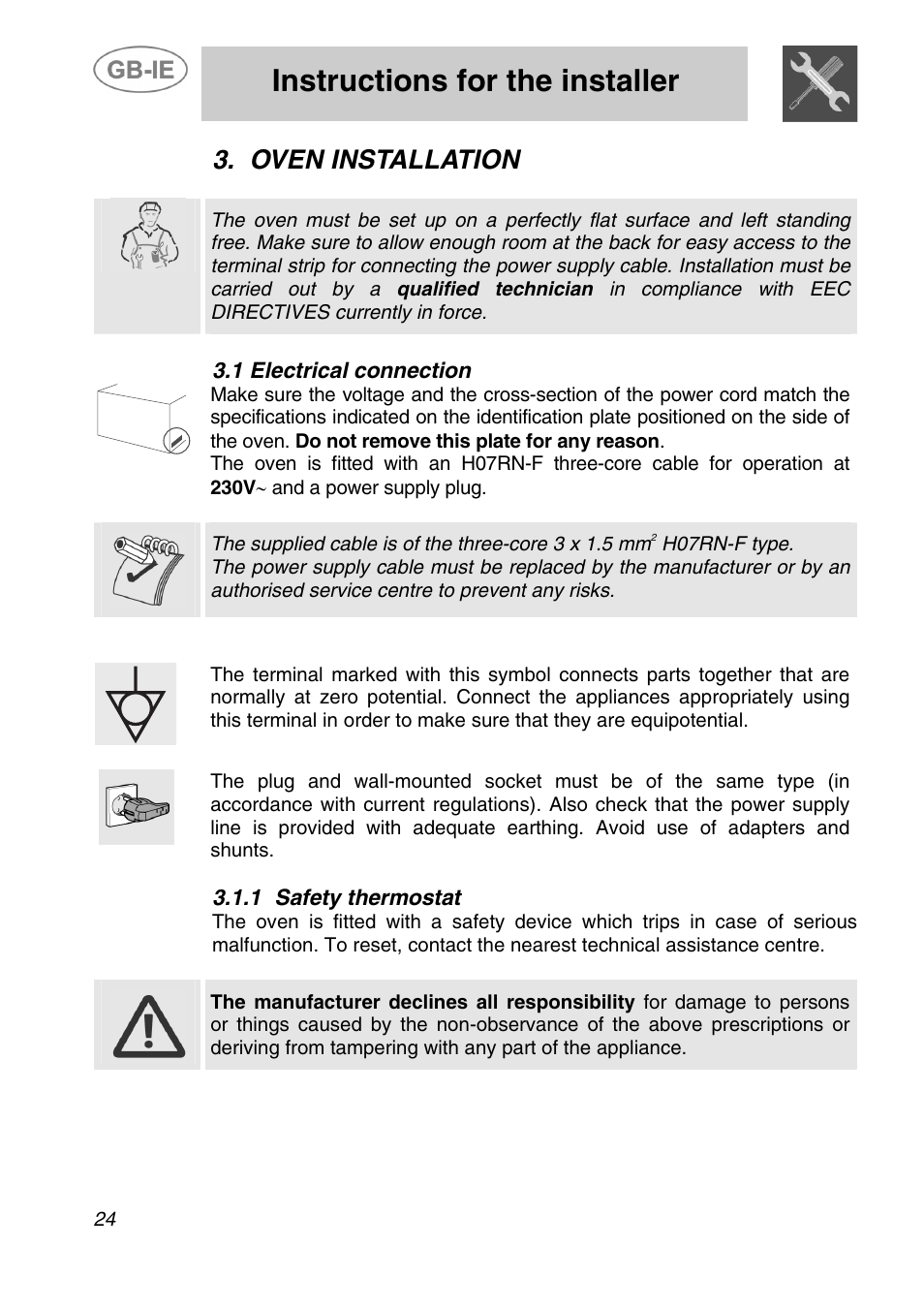 Oven installation, 1 electrical connection, 1 safety thermostat | Instructions for the installer | Smeg ALFA41AM User Manual | Page 5 / 19