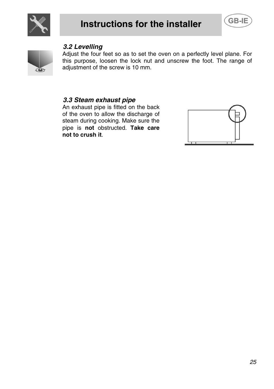 2 levelling, 3 steam exhaust pipe, Instructions for the installer | Smeg ALFA41AM User Manual | Page 6 / 19