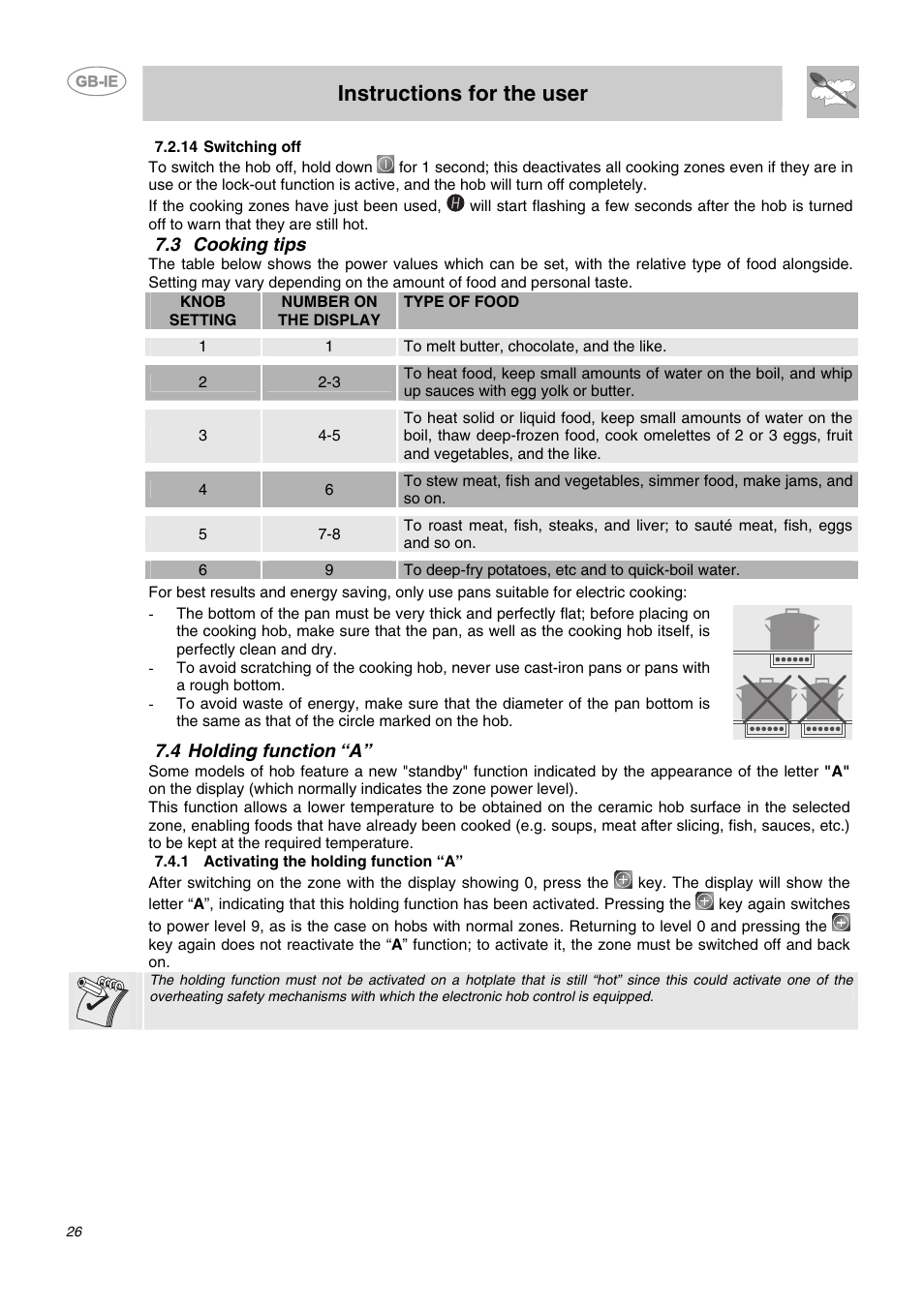 14 switching off, 3 cooking tips, 4 holding function “a | 1 activating the holding function “a, Instructions for the user | Smeg SE2641CX User Manual | Page 10 / 14