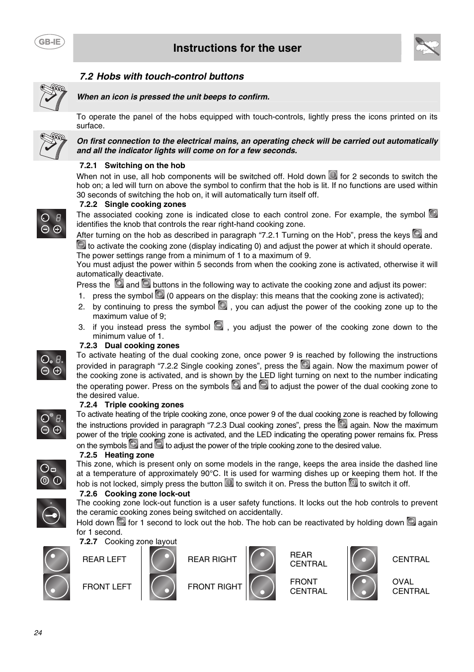 2 hobs with touch-control buttons, 1 switching on the hob, 2 single cooking zones | 3 dual cooking zones, 4 triple cooking zones, 5 heating zone, 6 cooking zone lock-out, 7 cooking zone layout, Instructions for the user | Smeg SE2641CX User Manual | Page 8 / 14