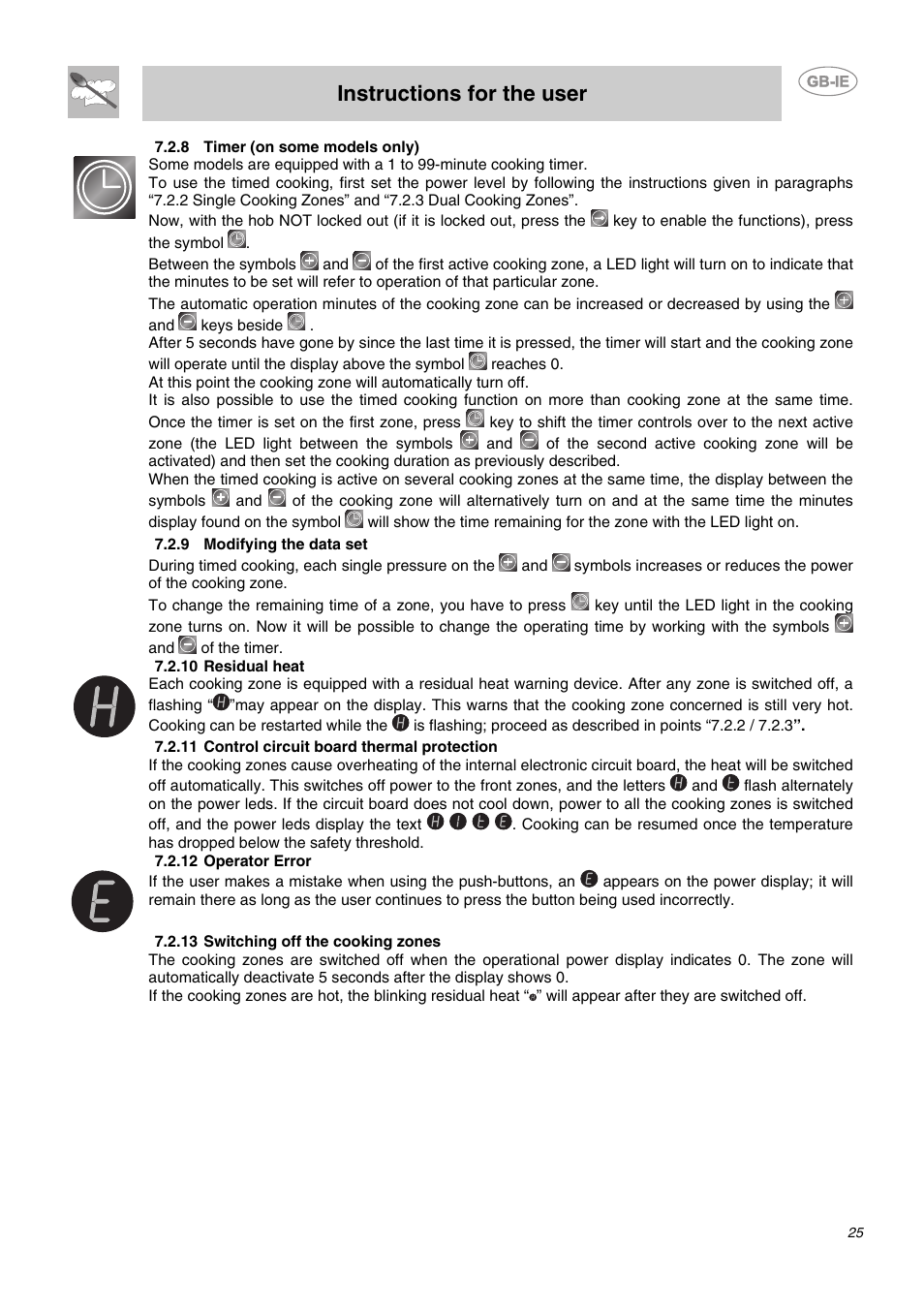 8 timer (on some models only), 9 modifying the data set, 10 residual heat | 11 control circuit board thermal protection, 12 operator error, 13 switching off the cooking zones, Instructions for the user | Smeg SE2641CX User Manual | Page 9 / 14
