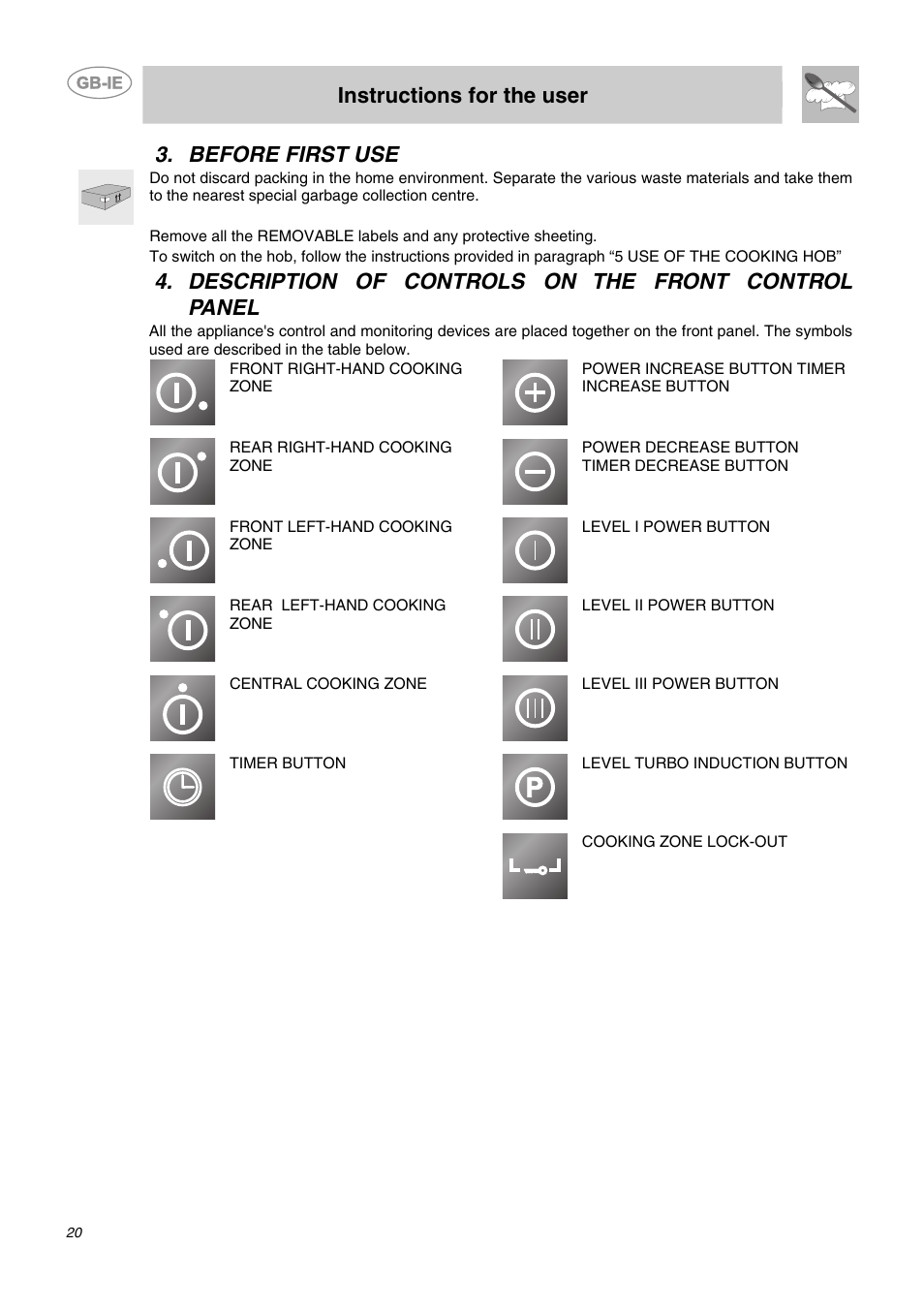 Before first use, Description of controls on the front control panel, Instructions for the user | Smeg SE2631ID1 User Manual | Page 4 / 14