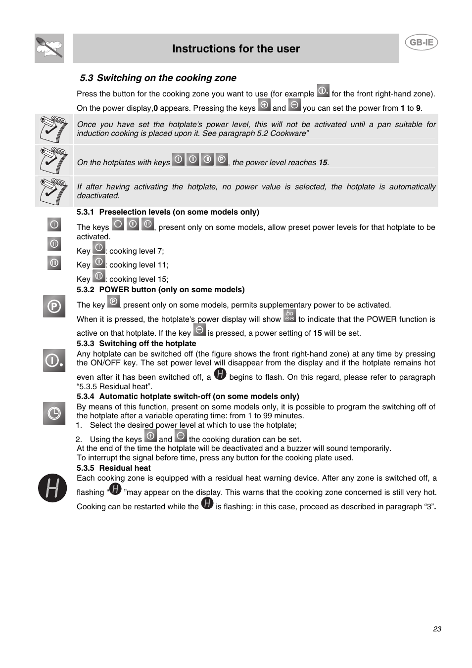3 switching on the cooking zone, 1 preselection levels (on some models only), 2 power button (only on some models) | 3 switching off the hotplate, 5 residual heat, Instructions for the user | Smeg SE2631ID1 User Manual | Page 7 / 14