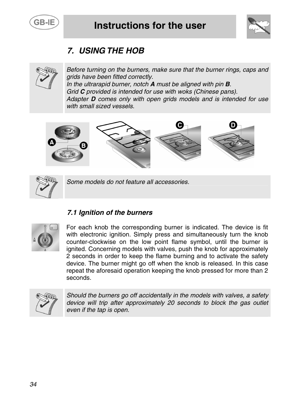 Instructions for the user, Using the hob, 1 ignition of the burners | Some models do not feature all accessories | Smeg SDR60XG User Manual | Page 14 / 18