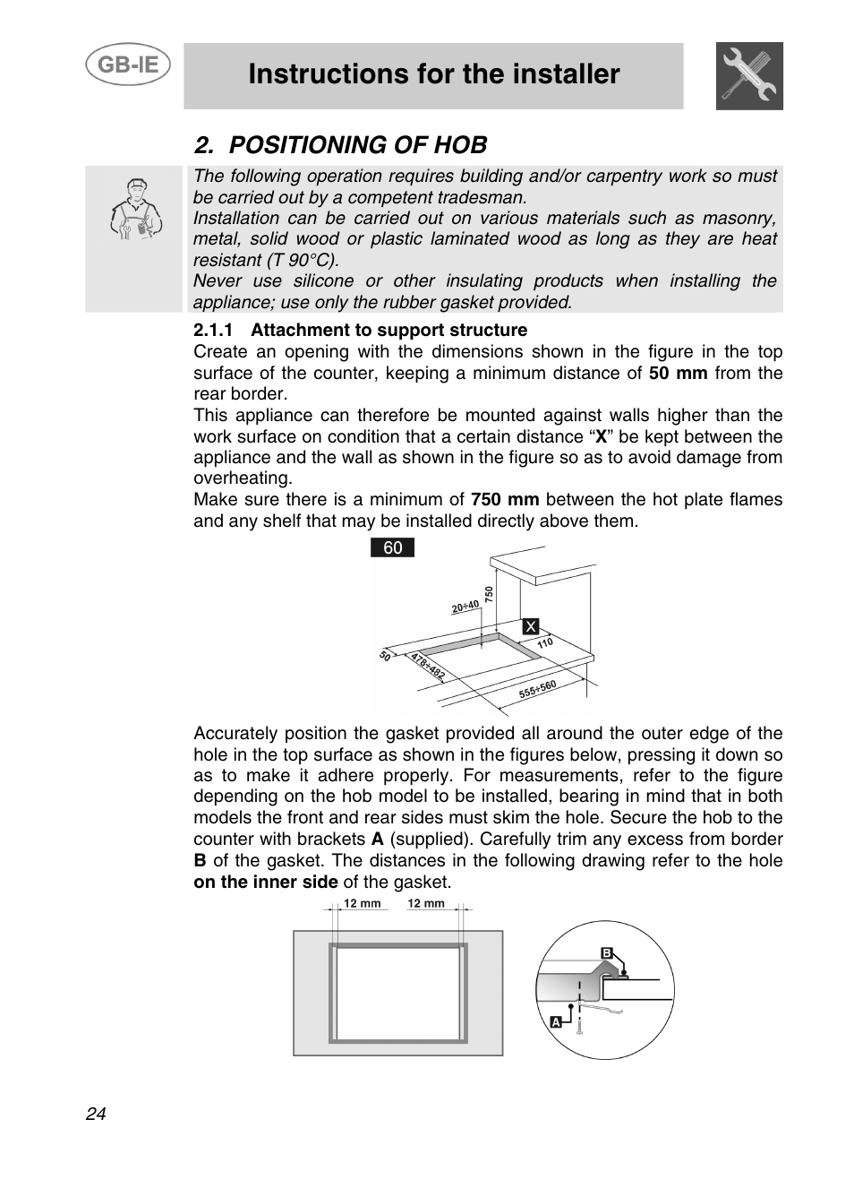 Instructions for the installer, Positioning of hob | Smeg SDR60XG User Manual | Page 4 / 18
