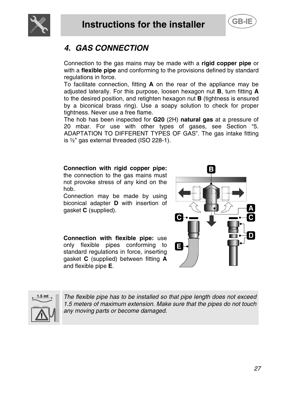 Instructions for the installer, Gas connection | Smeg SDR60XG User Manual | Page 7 / 18