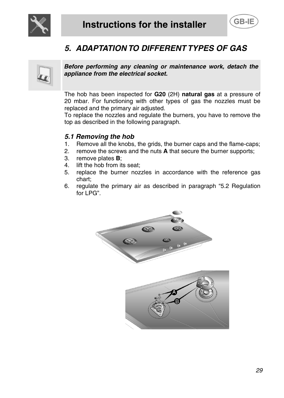 Instructions for the installer, Adaptation to different types of gas | Smeg SDR60XG User Manual | Page 9 / 18
