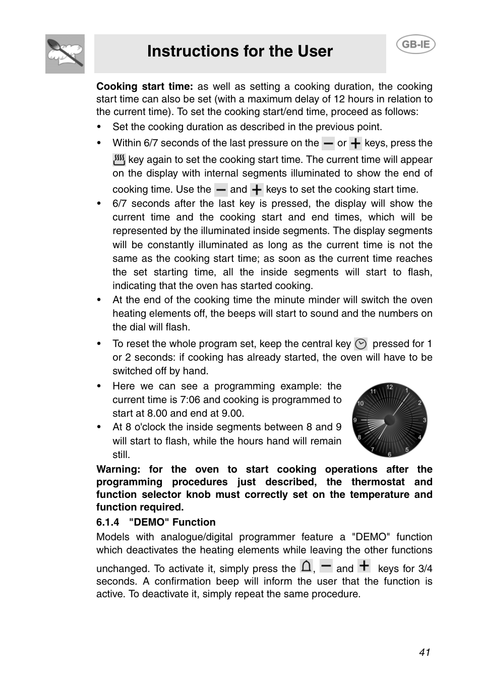 4 "demo" function, Instructions for the user | Smeg F166-5 User Manual | Page 11 / 28