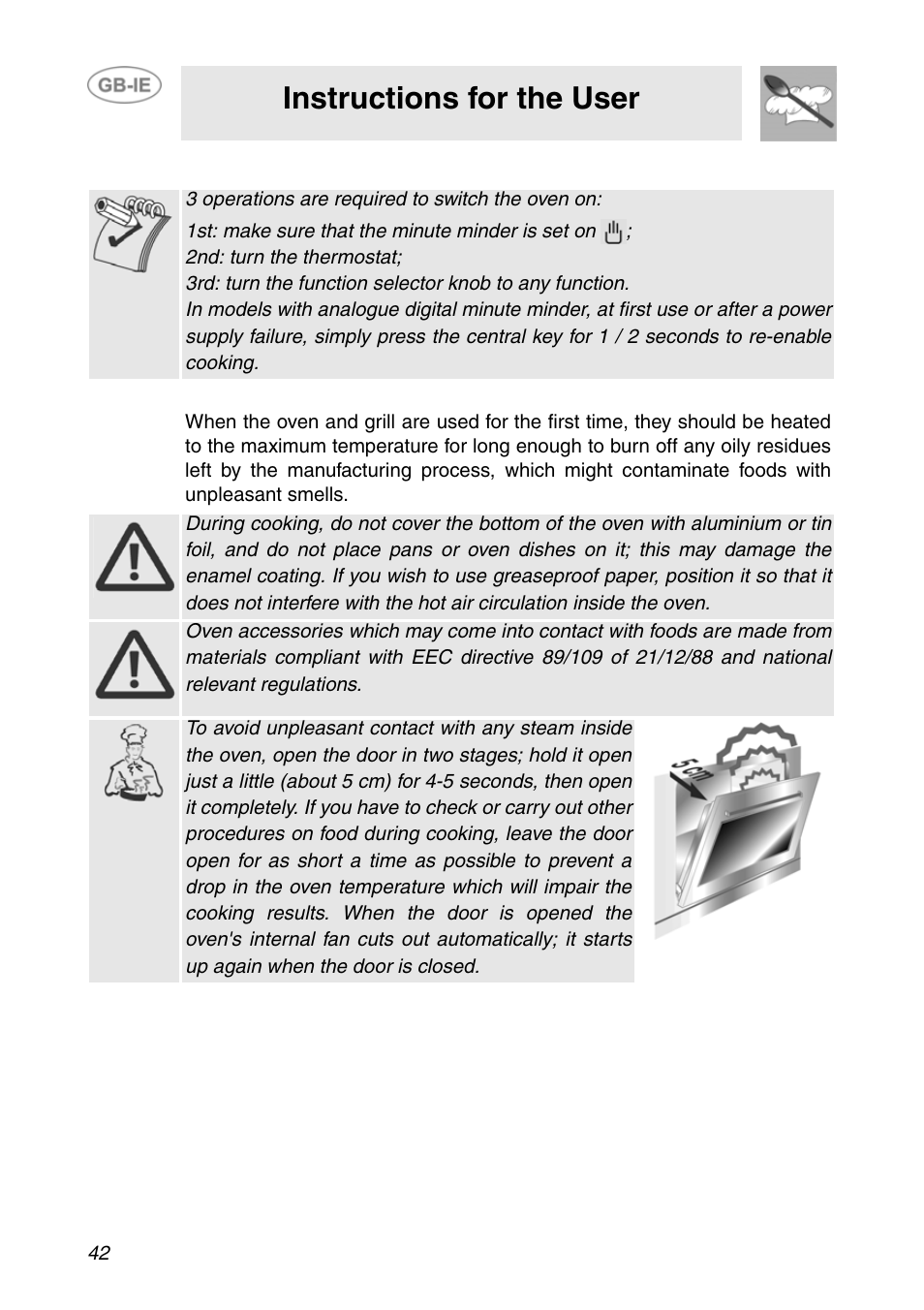 Using the oven, 1 precautions and general advice, Instructions for the user | Smeg F166-5 User Manual | Page 12 / 28