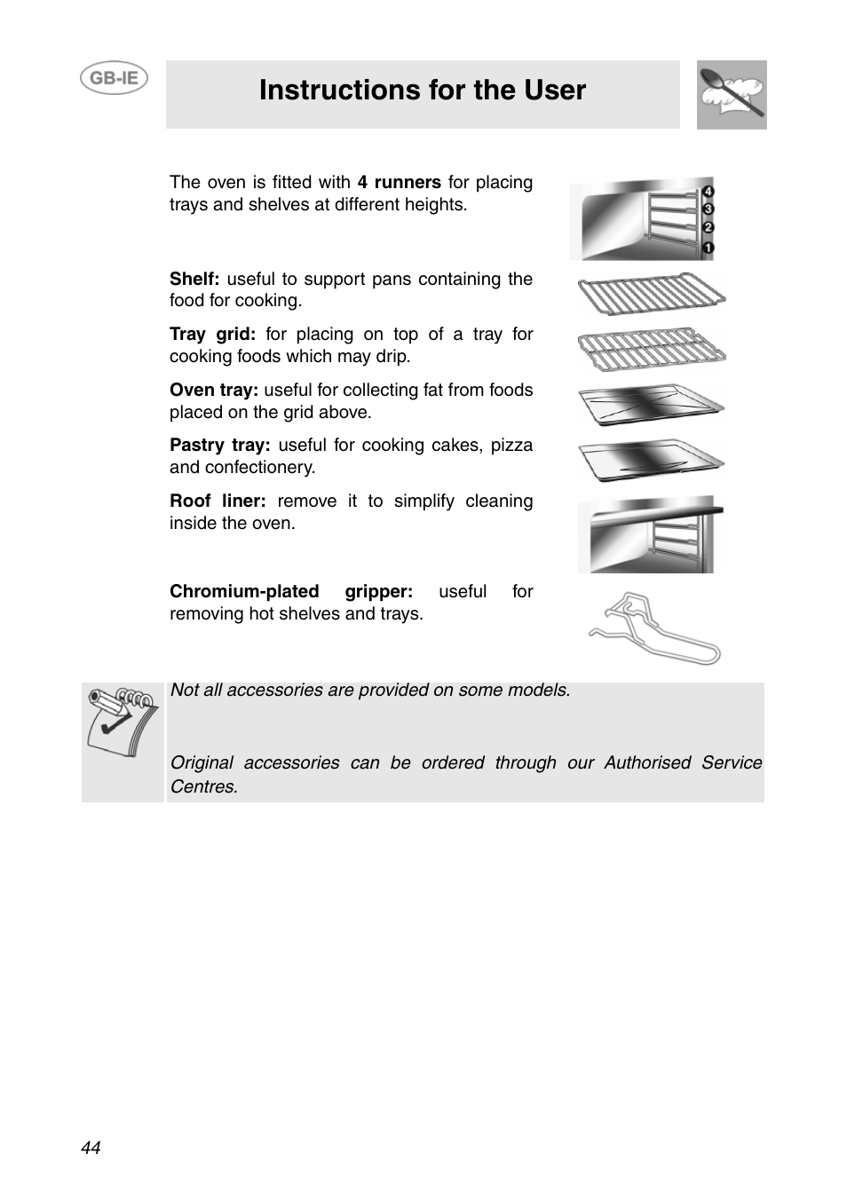 Accessories available, Instructions for the user | Smeg F166-5 User Manual | Page 14 / 28