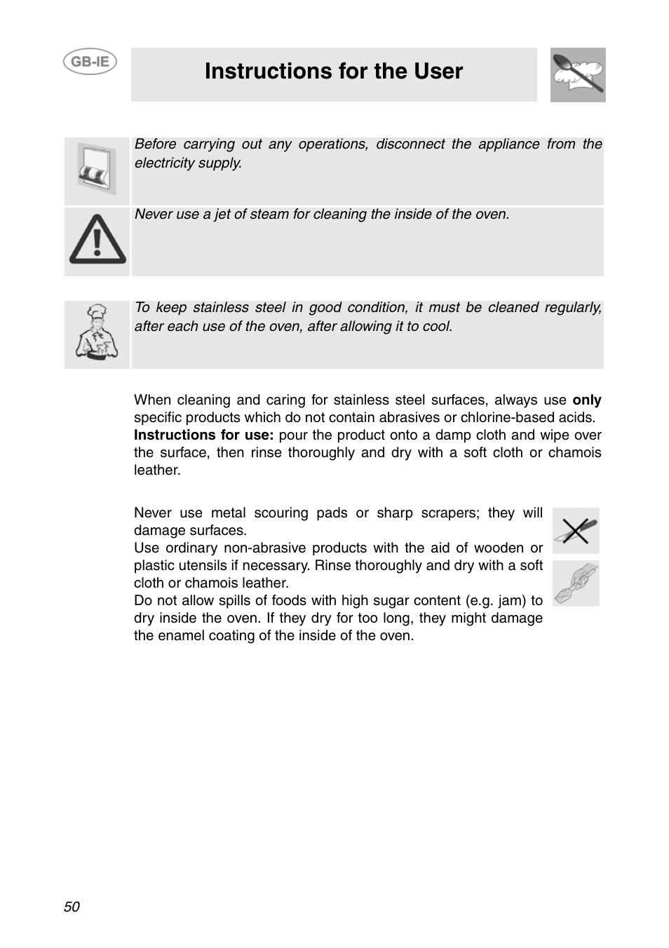 Cleaning and maintenance, 1 cleaning stainless steel, 2 routine daily cleaning | 3 food stains or spills, Instructions for the user | Smeg F166-5 User Manual | Page 20 / 28